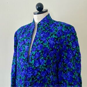 Vintage 80s Quilted Floral Blazer Jacket Dark Floral Roses M